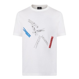 Paul Smith Crew Neck T-shirt in off white with abstract bird graphic print in blue, red and grey on chest