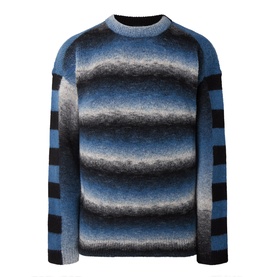 Paul Smith crew neck jumper in black and blue gradient stripe, fluffy wool-blend fabric, ribbed cuffs and hem