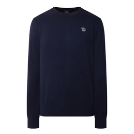Paul Smith crew neck knit in very dark navy, 100% cotton with embroidered zebra logo badge at chest
