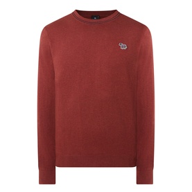 Paul Smith crew neck jumper in brick red cotton with embroidered zebra logo on chest, ribbed cuffs and hem