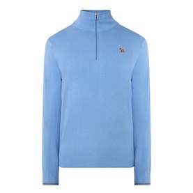 Paul Smith Half Zip knit in light blue, featuring a quarter zip neckline and embroidered zebra logo at chest, 100% cotton