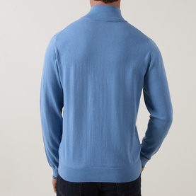 Model wearing Paul Smith Light Blue cotton half-zip knit, rear view showing clean finish and ribbed collar detail