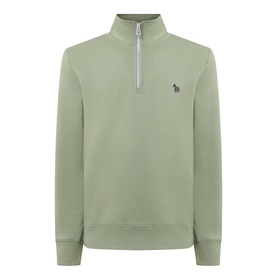 Paul Smith Half Zip sweatshirt in light grey-green, quarter-zip neckline, embroidered zebra logo on chest, 100% cotton