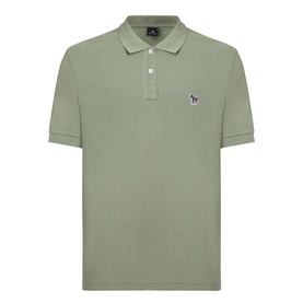 Paul Smith polo shirt in light grey-green cotton piqu&eacute; with short sleeves, three-button placket, and signature zebra logo badge at chest.