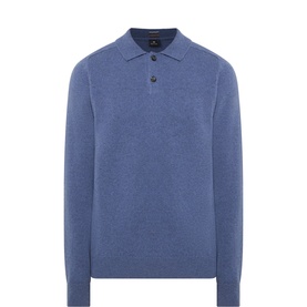 Paul Smith blue merino wool long-sleeve polo shirt with three-button placket and ribbed cuffs and hem