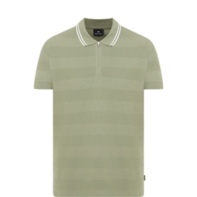 Paul Smith green lambswool polo shirt with tonal stripe texture, zip collar, and white tipping detail, short sleeves