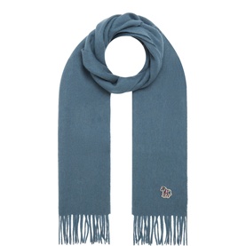 Paul Smith Access blue lambswool scarf with fringed ends and embroidered zebra logo patch