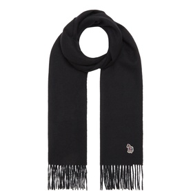 Paul Smith Access black lambswool scarf with fringe ends and embroidered zebra logo badge