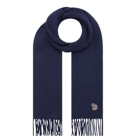 Paul Smith Access navy lambswool scarf with fringe ends and embroidered zebra logo patch