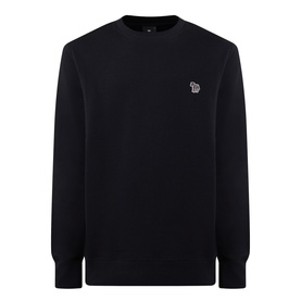 Paul Smith black cotton sweatshirt with crew neck and embroidered zebra logo patch on chest.