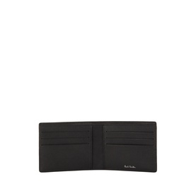 Paul Smith black leather bifold wallet open, showing six card slots and silver logo lettering inside