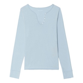Zadig blue long-sleeve top with V-neckline, button placket detail, and ribbed cuffs, laid flat