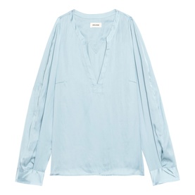 Zadig blue satin blouse with V-neckline, long sleeves and cuffed wrists, relaxed fit