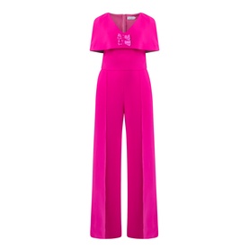 Sisters fuchsia jumpsuit with cape overlay bodice and wide-leg trousers, short sleeves, square neckline