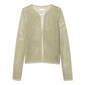 Zadig green open-front metallic knit cardigan with collarless neckline and long sleeves