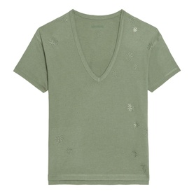 Zadig green v-neck short-sleeve T-shirt with scattered star embellishments and distressed detail throughout fabric.