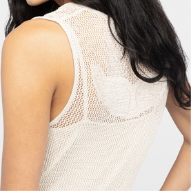 Model wearing Zadig beige open-knit mesh sleeveless top, close-up of back detail showing crochet texture