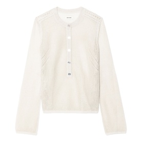 Zadig beige long-sleeve cardigan with lace panel detail, button placket, and crew neck