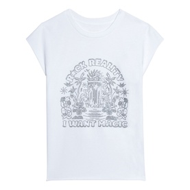 Zadig white sleeveless T-shirt with silver "F*ck Reality I Want Magic" graphic print and illustrated motifs