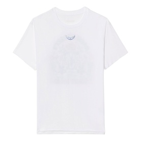 Zadig white women's T-shirt with tonal graphic print and crew neck, short sleeves, flat lay view.