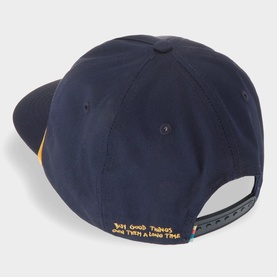 Almost Home AH Studio Logo Baseball Cap in navy, rear view showing yellow embroidered slogan and adjustable snapback fastening
