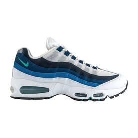 Nike Air Max 95 trainers in white, emerald green and lake blue, leather and mesh upper, visible Air cushioning unit, white midsole