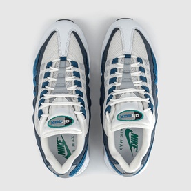Nike Air Max 95 trainers in white, emerald green and lake blue, overhead view showing lace-up front and layered upper panelling