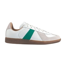 Adidas trainer in white and power green with suede heel panel, green stripe detail, and gum rubber sole.