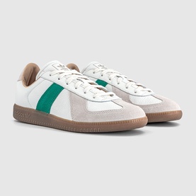 Adidas trainers in white and power green with suede toe and side panels, gum sole, lace-up fastening