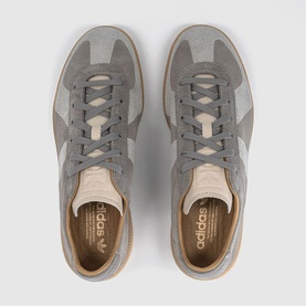 Adidas trainers in dove grey and white, suede upper with tonal laces, cream insole branding and gum sole, top-down view