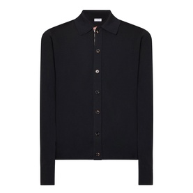 Navy fine-knit shirt cardigan with spread collar, button-through placket, and long sleeves