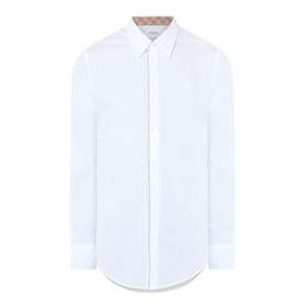 Burberry Sam Logo Check Trim Casual Shirt in optic white cotton with check collar band, check piping trim and button fastenings