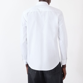 Model wearing Burberry Sam Logo Check Trim Casual Shirt in optic white, rear view, styled with dark jeans. Long sleeves with check-trimmed cuffs.