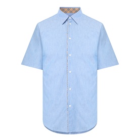 Burberry Sam Check Trim Shirt in Stoke Blue Melange, short sleeves, point collar, button front, signature check trim detailing at inner collar