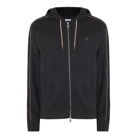 Burberry Scott Embroidered Logo Zip Hoodie in black with contrast piping, two-way zip, drawstring hood, and equestrian knight logo embroidery