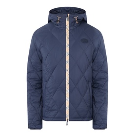 Burberry navy quilted hooded jacket with signature check zip trim and tonal chest logo, silver-tone hardware