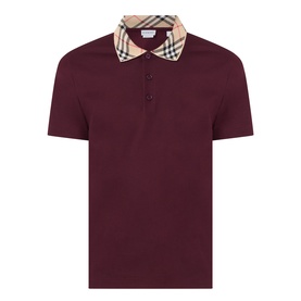 Burberry Evan Check Polo Shirt in Vineyard Red with signature check collar, three-button placket, and short sleeves