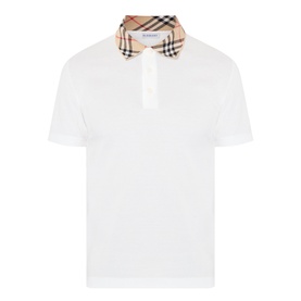 Burberry white cotton polo shirt with iconic check-print collar detail and short sleeves