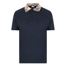 Burberry Evan Check Polo Shirt in navy with Burberry check collar, three-button placket, short sleeves and straight hem
