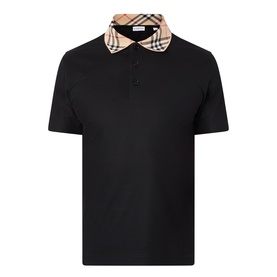 Burberry black cotton polo shirt with signature Vintage Check collar trim and three-button placket