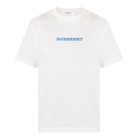 Burberry white cotton T-shirt with blue logo print at chest, crew neck and short sleeves