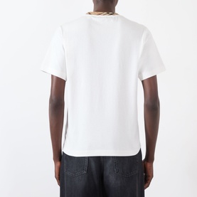 Model wearing Burberry Ryan Signature Check T-Shirt in white, rear view, showing signature check taping at collar. Styled with dark jeans.