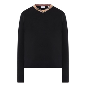 Burberry black wool V-neck jumper with signature Icon stripe collar trim in beige, red and white check