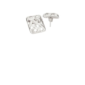 Daisy Jewellery Polly Mini Woven Square Studs in 925 sterling silver with textured lattice design, shown as a pair front and side view