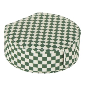 Daisy Jewellery Shrimps Compact Jewellery Case in green and cream checkerboard cotton, circular travel case with structured sides and clasp closure.