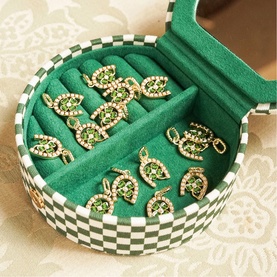 Daisy Jewellery Shrimps Compact Jewellery Case in green checkerboard print, open to reveal green faux suede interior with gold-tone jewellery pieces.