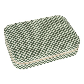Daisy Jewellery Shrimps Large Jewellery Case in green checkerboard cotton, rectangular zip-around case for home or travel