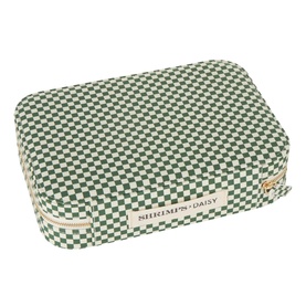 Daisy Jewellery Shrimps Large Jewellery Case in green and cream checkerboard cotton with gold zip, rectangular travel-ready storage box