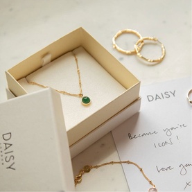 Daisy Jewellery Healing Stone Necklace in 18ct gold plate, round green aventurine pendant on delicate bobble chain, presented in branded gift box