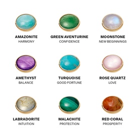 Daisy Jewellery Healing Stone Necklace charm options in gold tone, showing nine gemstones: Amazonite, Green Aventurine, Moonstone, Amethyst,
